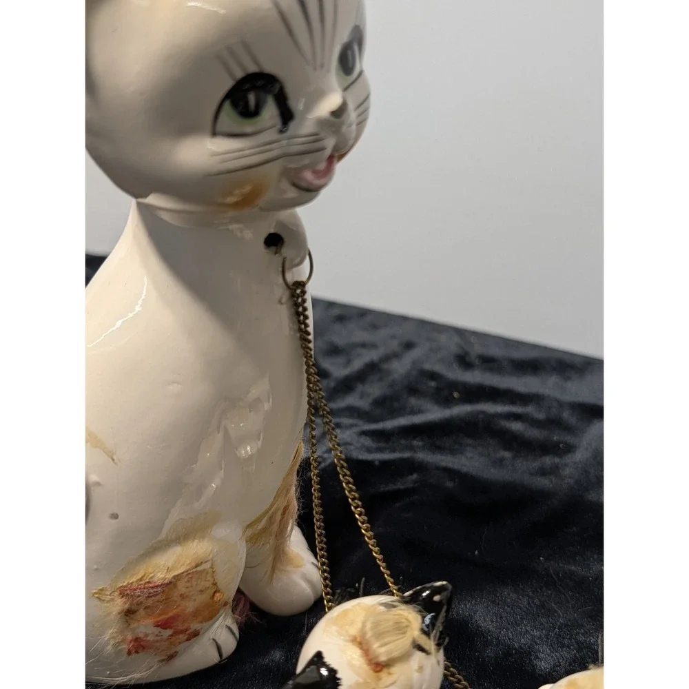 VTG Spaghetti‎ Cat Mom & Kittens Japan 1950s MCM Ceramic Kitsch Collectible Fig